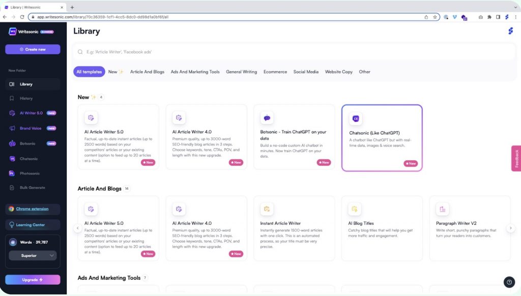writesonic dashboard